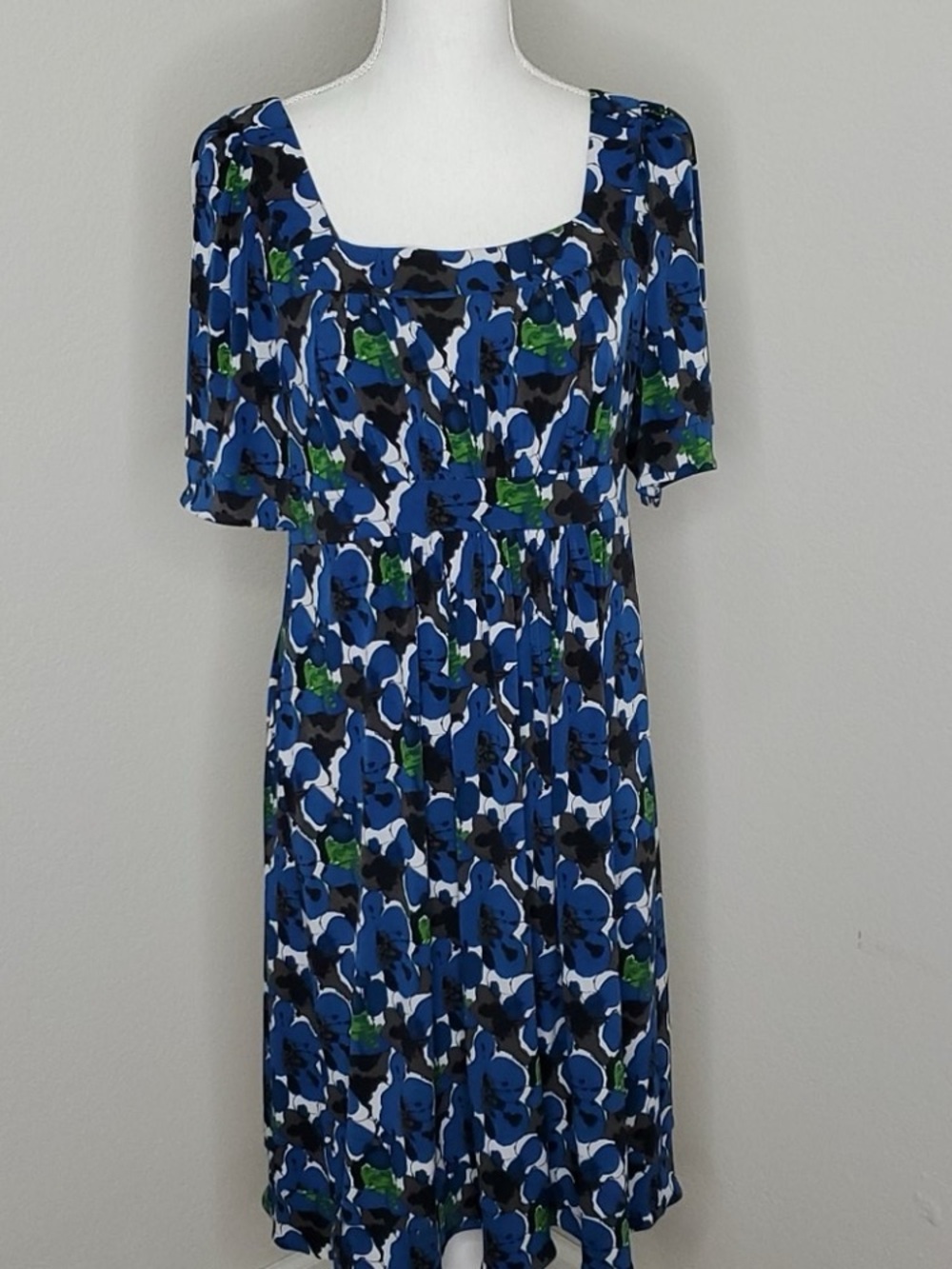 Blue Floral Midi Dress with Square Neck